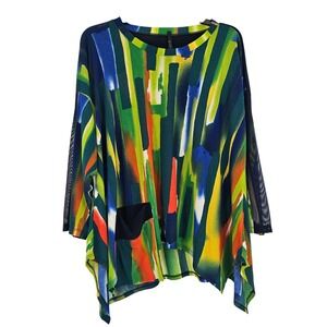IC By Connie K Abstract Brushstroke Mesh Sleeve Tunic Top L Boho Asymmetrical